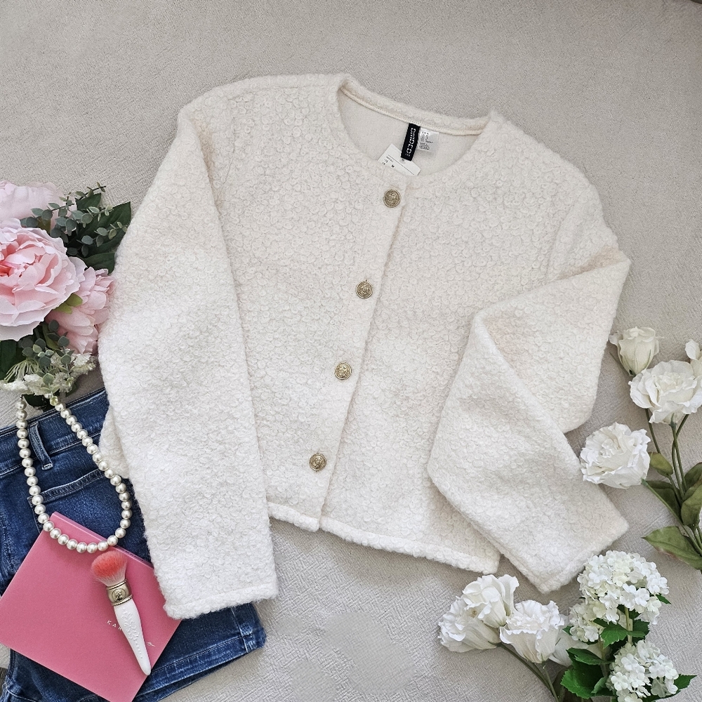 NWT H&M DIVIDED White Bouclé Knit Cardigan w/ Gold Buttons - Size M